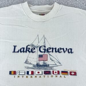 Vintage Lake Geneva Shirt Mens Large Sailboat International Flags Wisconsin 90s